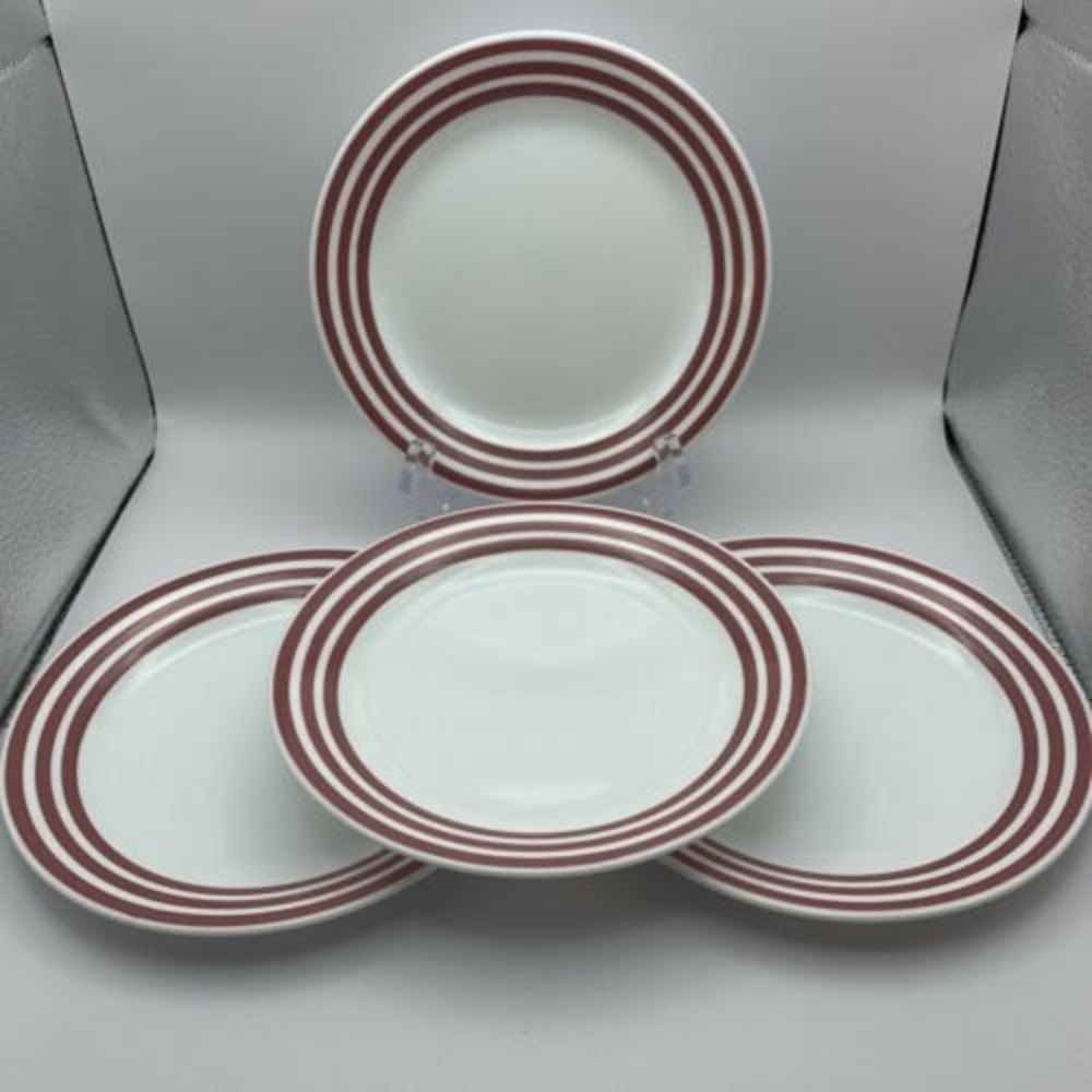 Corelle White With Red 3 Stripes Rim Bread Dessert Salad 7.25"  Plates Set Of 4